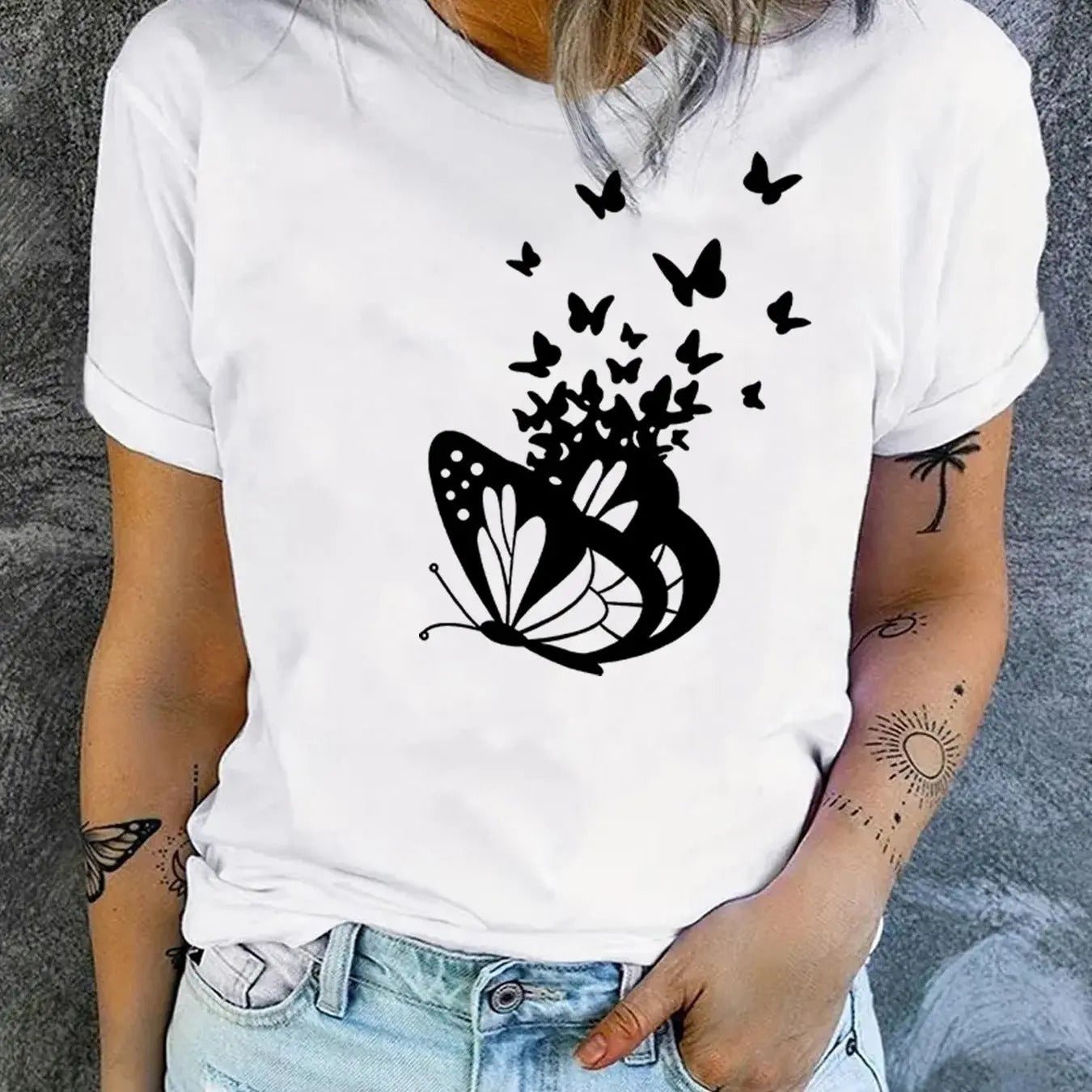 Women'WB shield Butterfly Print Round Neck Graphic Tee, Trendy Casual Short Sleeve T-shirt For Daily Wear, Ladies Spiky...