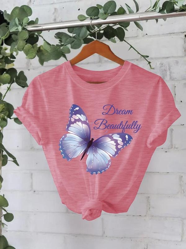Women'WB shield Butterfly Print Round Neck Tee, Casual Short Sleeve Crew Neck T-Shirt for Summer, Fashion Women'WB shield...