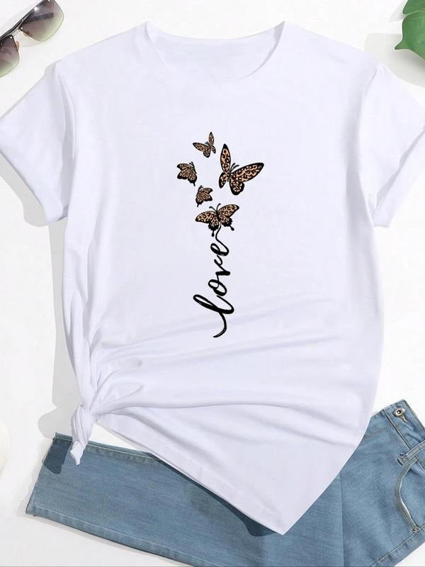Women'WB shield Butterfly Print Round Neck Tee, Casual Short Sleeve T-Shirt for Summer, Fashion Women'WB shield Top for...