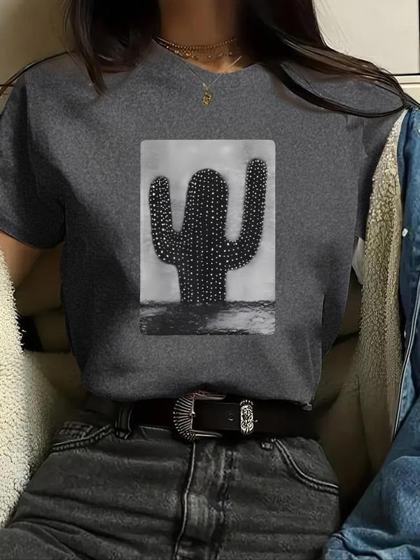 Women'WB shield Cactus Print Round Neck Tee, Fashion Casual Short Sleeve T-shirt, Ladies Summer TNF for Daily Wear...
