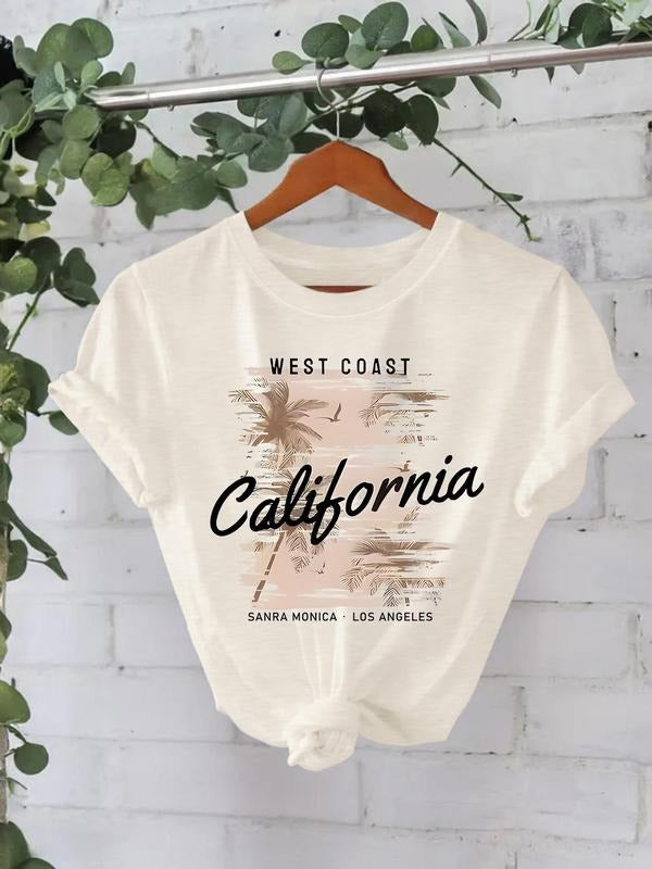 Women'WB shield California Print Round Neck Tee, Casual Short Sleeve Crew Neck T-Shirt for Spring & Summer, Fashion...