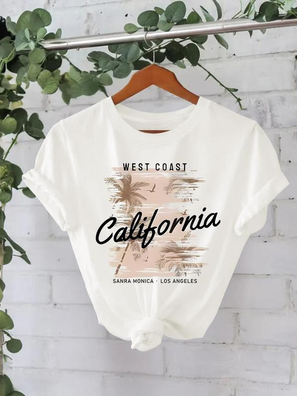 Women'WB shield California Print Round Neck Tee, Casual Short Sleeve Crew Neck T-Shirt for Summer, Fashion Women'WB shield Top for Daily Wear