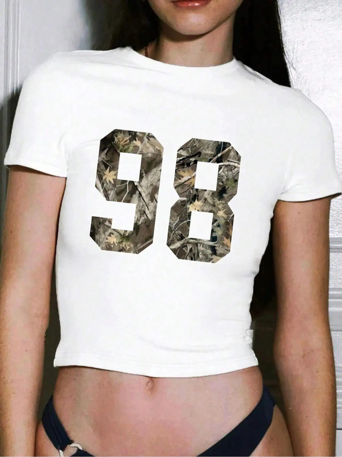 Women'WB shield Camo Print Round Neck Crop Tee, Casual Short Sleeve Crew Neck T-shirt for Summer, Fashion Women'WB shield...