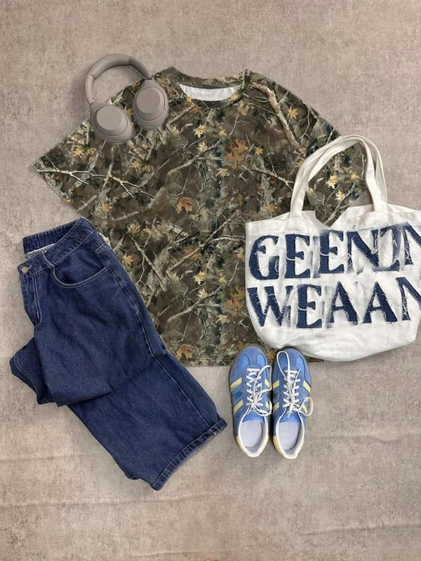 Women'WB shield Camo Print Round Neck Tee, Casual Short Sleeve Crew Neck T-shirt for Summer, Fashion Women'WB shield Top...