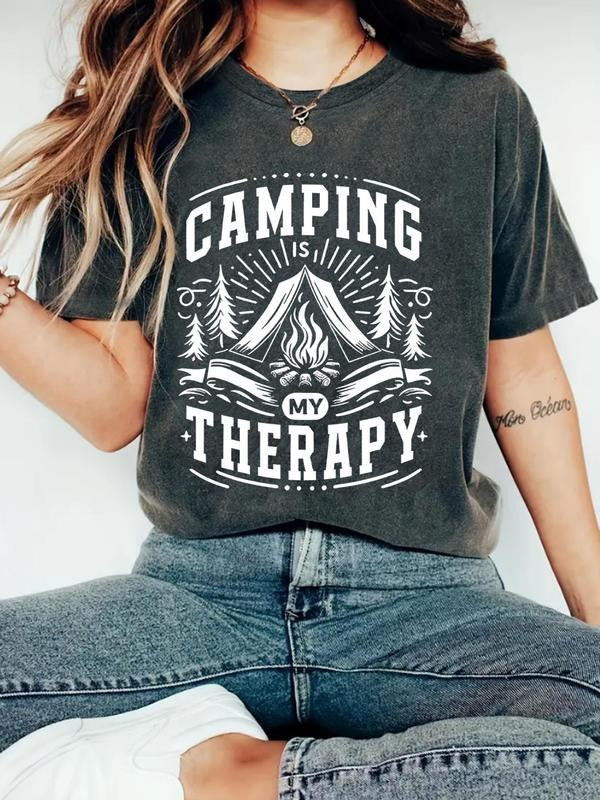 Women'WB shield Camping & Letter Print Round Neck Tee, Vintage Trendy Casual Short Sleeve T-shirt for Daily Wear, Ladies...