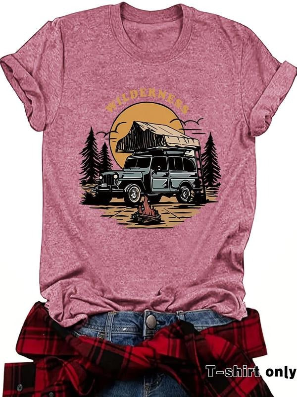 Women'WB shield Camping Car Print Round Neck Tee, Vintage Trendy Casual Short Sleeve T-shirt for Daily Wear, Ladies...