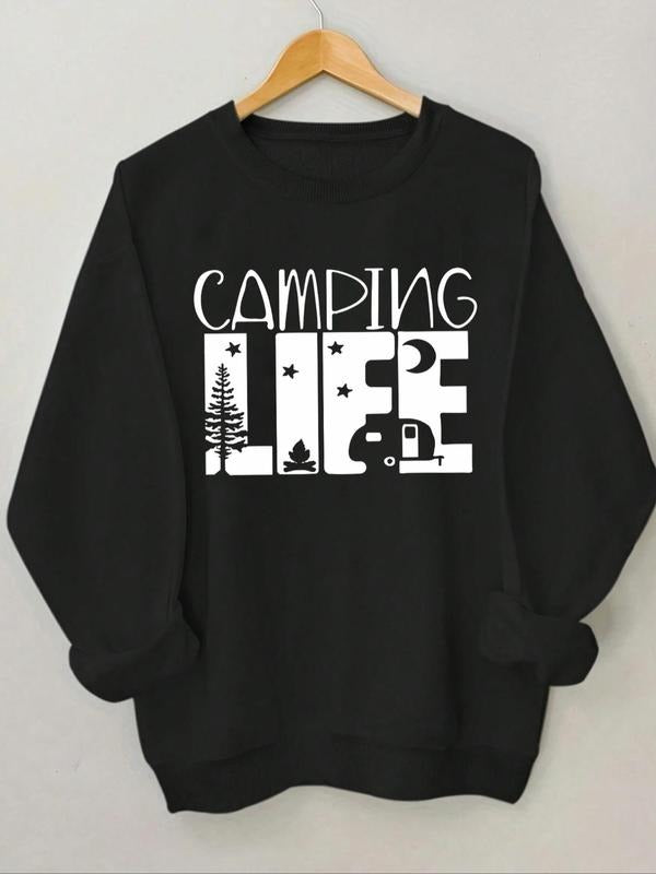 Women'WB shield Camping Life Letter Print Round Neck Sweatshirt, Casual Long Sleeve Crew Neck Pullover for Spring & Fall,...