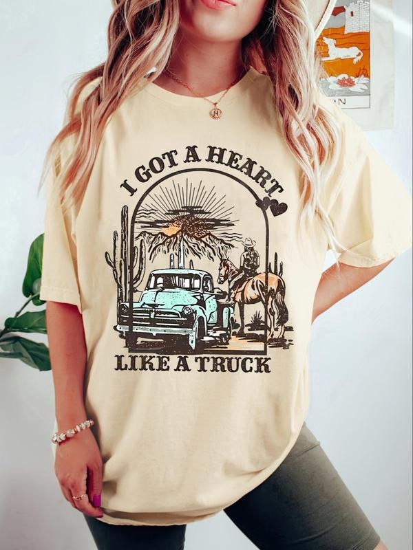 Women'WB shield Car & Cactus Print Round Neck Graphic Tee, Vintage Trendy Casual Drop Shoulder Half Sleeve T-shirt for...