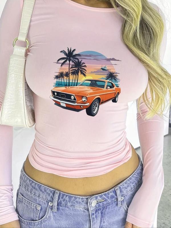 Women'WB shield Car & Landscape Print Round Neck Short Tee, Vintage Trendy Casual Long Sleeve T-shirt for Daily Wear, Ladies Spiky hair fighters Seasons Outfit