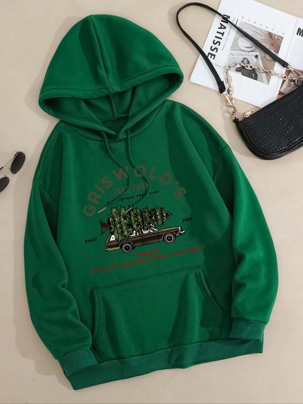 Women'WB shield Car & Letter & Christmas Tree Print Drop Shoulder Hoodie, Fashion Casual Drawstring Pocket Hooded...
