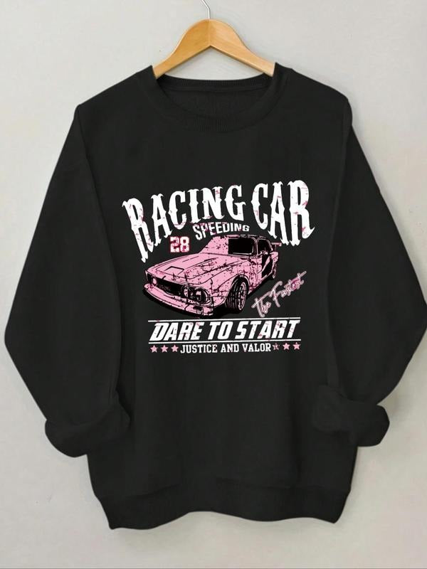 Women'WB shield Car & Letter Print Crew Neck Sweatshirt, Casual Long Sleeve Pullover for Fall & Winter, Women TNF for...