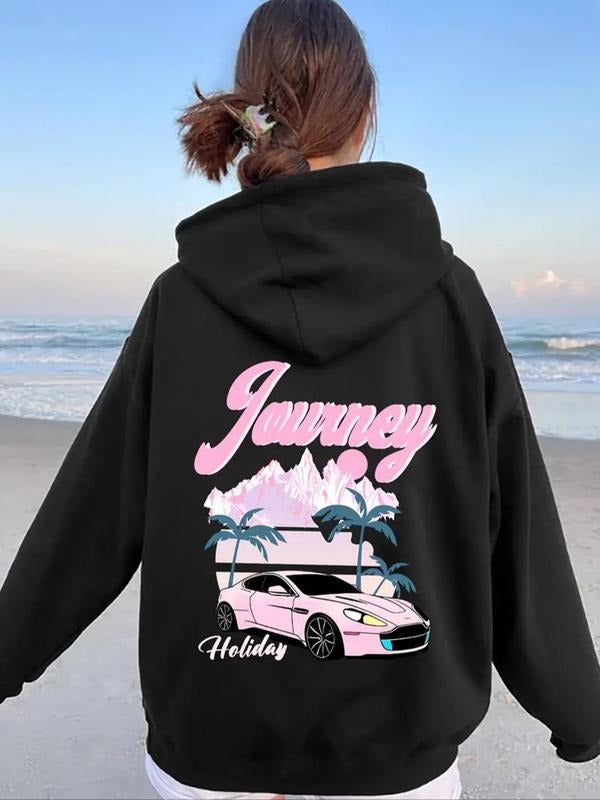 Women'WB shield Car & Letter Print Drawstring Hoodie, Fashion Casual Hooded Sweatshirt for Daily Holiday Outdoor Wear,...
