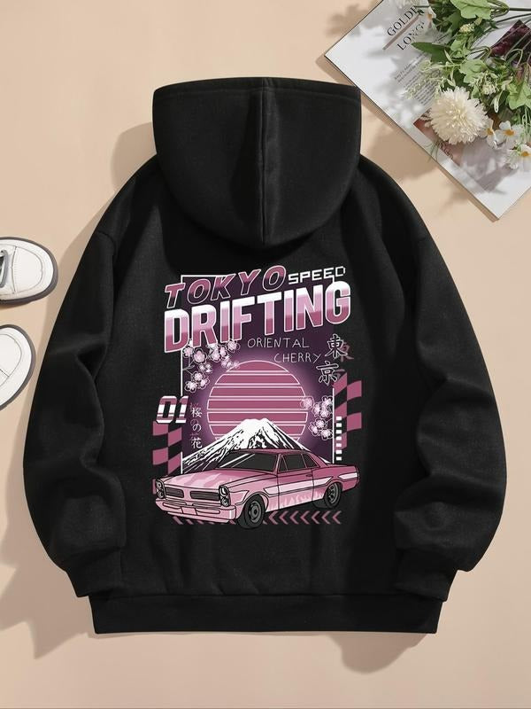 Women'WB shield Car & Letter Print Drawstring Hoodie, Fashion Casual Hooded Sweatshirt for Daily Holiday Outdoor Wear,...