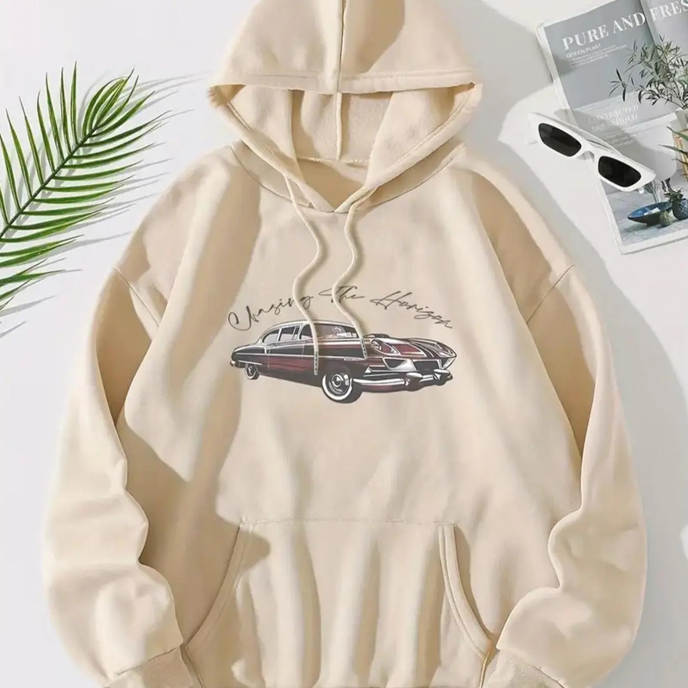 Women'WB shield Car & Letter Print Drop Shoulder Fleece Hoodie, Fashion Casual Drawstring Pocket Hooded Sweatshirt for Daily Holiday Outdoor Wear, Women Clothing for Fall & Winter