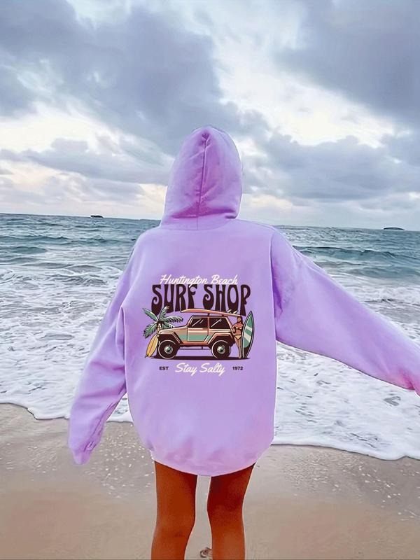 Women'WB shield Car & Letter Print Drop Shoulder Hoodie, Fashion Casual Drawstring Kangaroo Pocket Hooded Sweatshirt for...