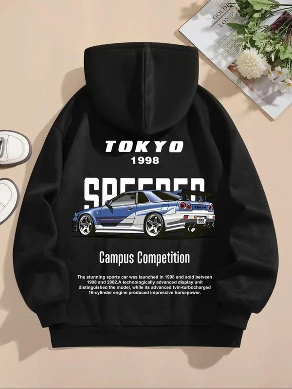 Women'WB shield Car & Letter Print Drop Shoulder Long Sleeve Hoodie, Fashion Casual Drawstring Pocket Hooded Sweatshirt...