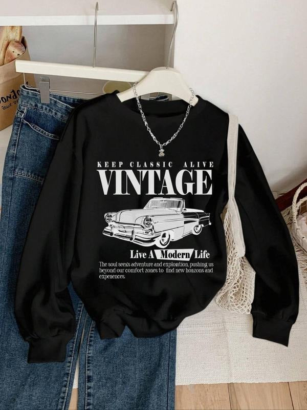 Women'WB shield Car & Letter Print Drop Shoulder Sweatshirt, Casual Long Sleeve Round Neck Pullover for Fall & Winter,...