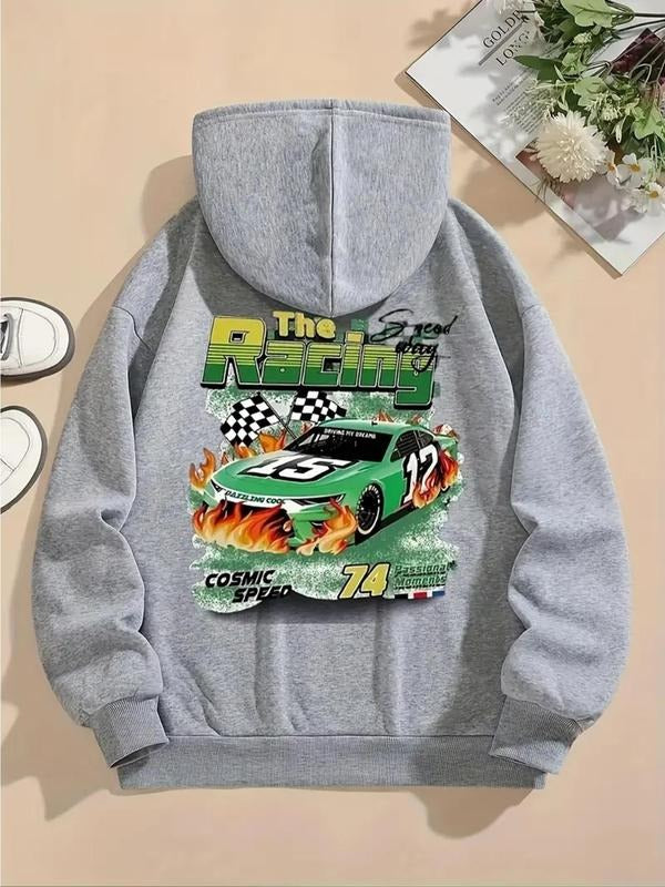 Women'WB shield Car & Letter Print Drop Shoulder TNF Lined Hoodie, Fashion Casual Drawstring Pocket Hooded Sweatshirt for...