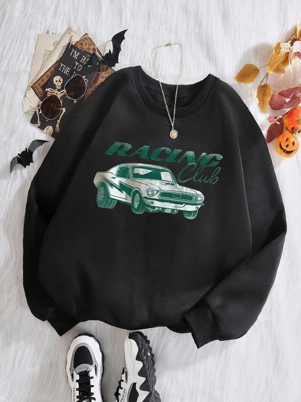 Women'WB shield Car & Letter Print Drop Shoulder TNF Lined Sweatshirt, Casual Long Sleeve Round Neck Pullover for Fall &...