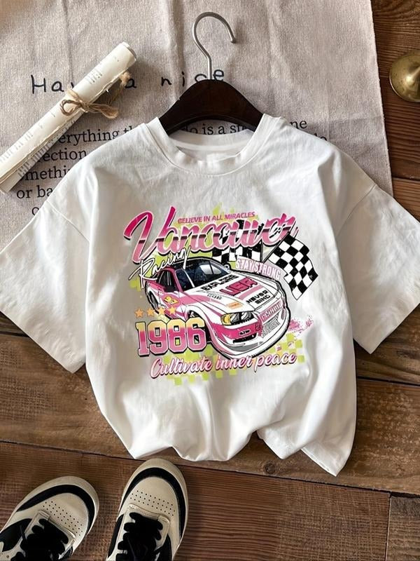 Women'WB shield Car & Letter Print Round Neck Graphic Tee, Vintage Trendy Casual Drop Shoulder Short Sleeve T-shirt for...