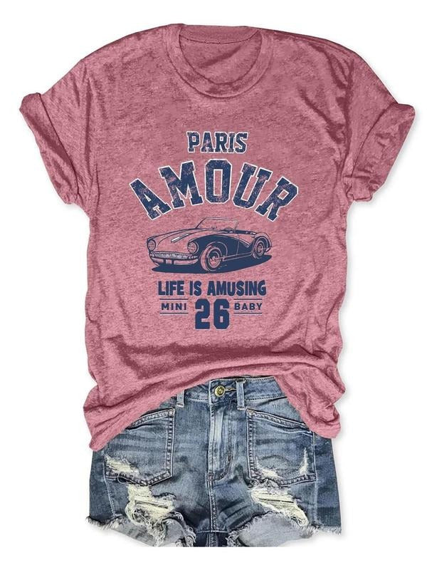 Women'WB shield Car & Letter Print Round Neck Graphic Tee, Vintage Trendy Casual Short Sleeve T-shirt for Daily Wear,...