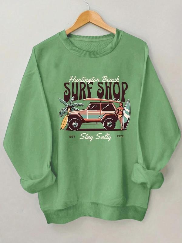 Women'WB shield Car & Letter Print Round Neck Sweatshirt, Casual Long Sleeve Crew Neck Pullover for Daily Wear,...