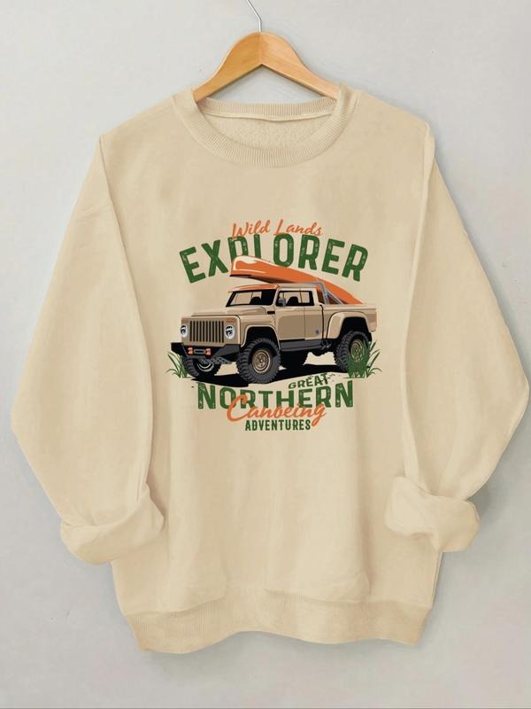 Women'WB shield Car & Letter Print Round Neck Sweatshirt, Casual Long Sleeve Crew Neck Pullover for Spring & Fall,...
