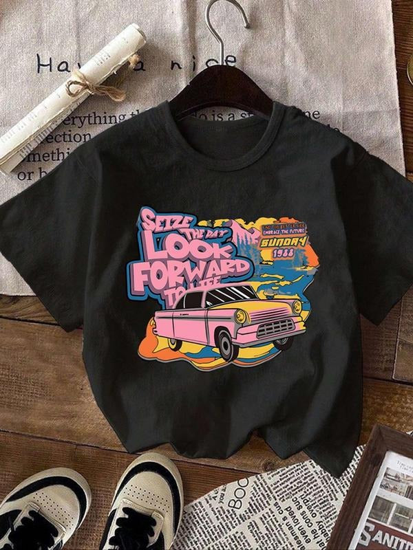 Women'WB shield Car & Letter Print Round Neck Tee, Casual Short Sleeve Crew Neck T-Shirt for Summer, Fashion Women'WB shield Top for Daily Wear