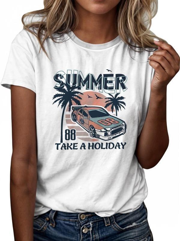 Women'WB shield Car & Letter Print Round Neck Tee, Casual Short Sleeve Crew Neck T-Shirt, Women'WB shield Top for Daily...