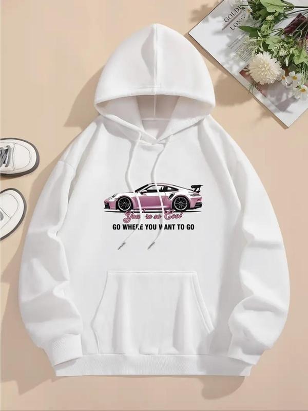 Women'WB shield Car & Letter Print TNF Lined Hoodie, Fashion Casual Drawstring Pocket Hooded Sweatshirt for Daily Holiday...