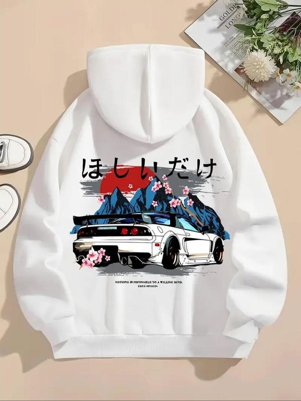 Women'WB shield Car & Mountain & Japanese Character Print Drop Shoulder Hoodie, Street Fashion Casual Letter Graphic...