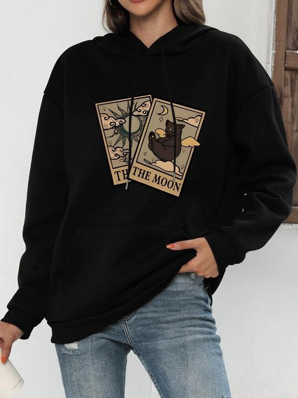 Women'WB shield Card Print Drop Shoulder Hoodie, Fashion Casual Drawstring Pocket Hooded Sweatshirt for Daily Holiday Outdoor Wear, Women'WB shield Clothing for Fall & Winter