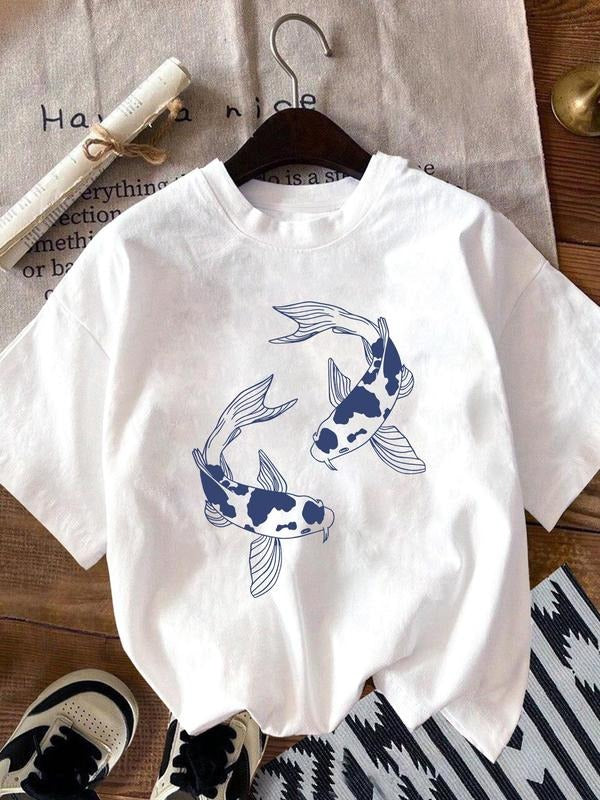 Women'WB shield Carp Fish Print Round Neck Tee, Casual Short Sleeve Crew Neck T-shirt for Summer, Fashion Women'WB shield...