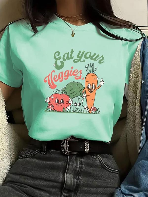 Women'WB shield Carrot & Letter Print Round Neck Tee, Casual Short Sleeve Crew Neck T-Shirt for Summer, Fashion Women'WB shield Top for Daily Wear