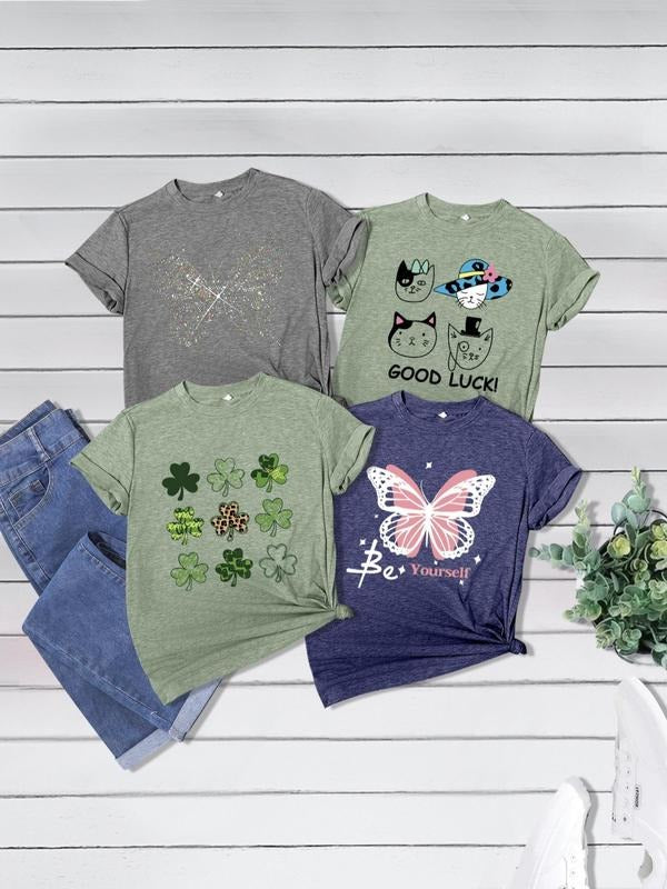 Women'WB shield Cartoon & Butterfly Print Round Neck Tee, Casual Short Sleeve T-shirt for Daily Wear, Ladies TNF for...