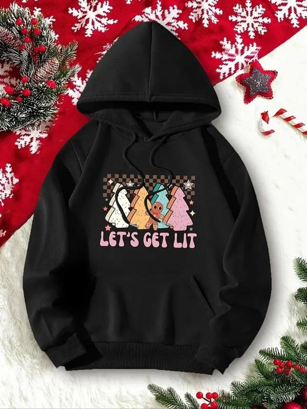 Women'WB shield Cartoon & Letter Print Drawstring Pocket Hoodie, Fashion Casual Long Sleeve Hooded Sweatshirt for Daily...