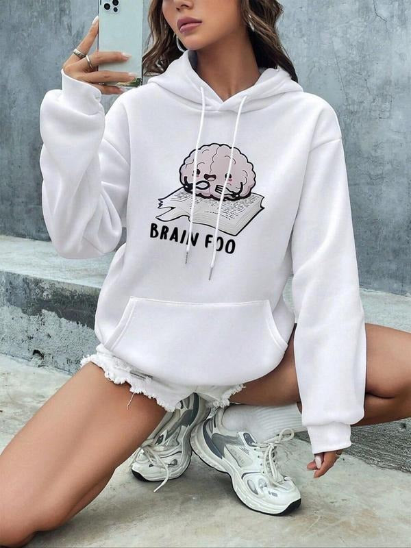 Women'WB shield Cartoon & Letter Print Drop Shoulder Hoodie, Fashion Casual Drawstring Pocket Long Sleeve Hooded...