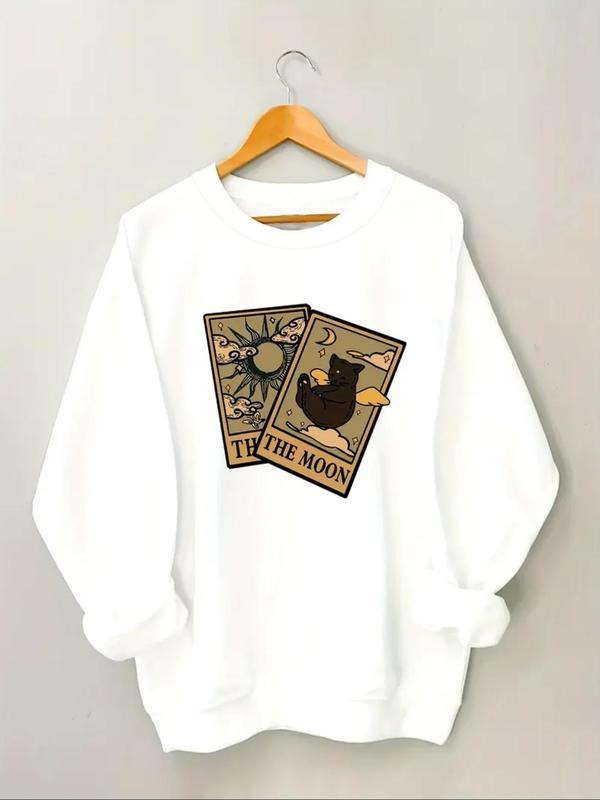 Women'WB shield Cartoon & Letter Print Drop Shoulder Sweatshirt, Casual Long Sleeve Round Neck Pullover for Fall &...