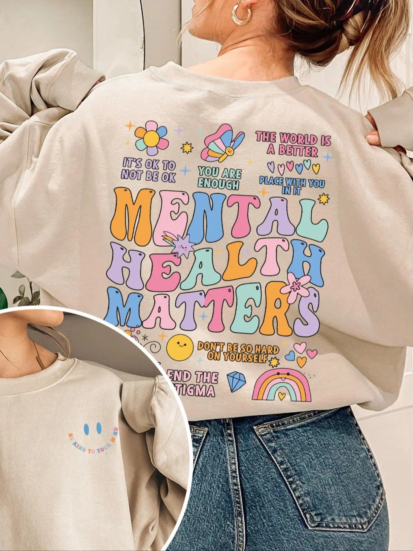 Women'WB shield Cartoon & Letter Print Drop Shoulder Sweatshirt, Casual Long Sleeve Round Neck Pullover for Fall &...