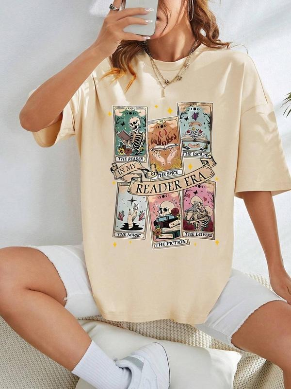 Women'WB shield Cartoon & Letter Print Drop Shoulder Tee, Casual Half Sleeve Round Neck T-shirt for Summer, Women'WB...