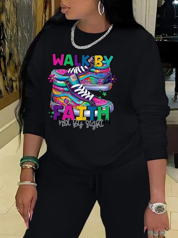 Women'WB shield Cartoon & Letter Print Round Neck Sweatshirt, Fashion Casual Crew Neck Long Sleeve Pullover for Daily...
