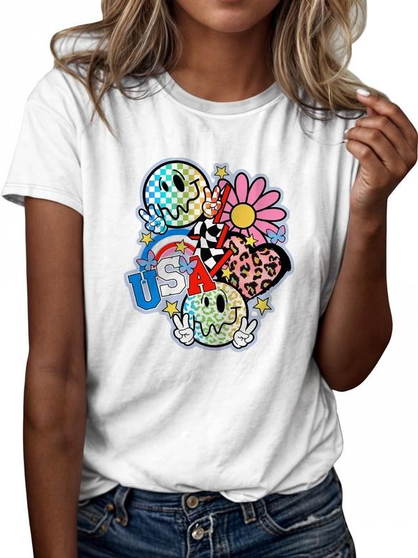 Women'WB shield Cartoon & Letter Print Round Neck Tee, Casual Graphic Short Sleeve T-Shirt, Ladies TNF for Spiky hair...
