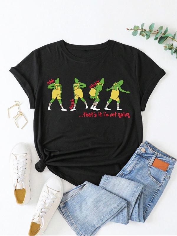 Women'WB shield Cartoon & Letter Print Round Neck Tee, Summer TNF Women, Casual Short Sleeve Crew Neck T-Shirt for...
