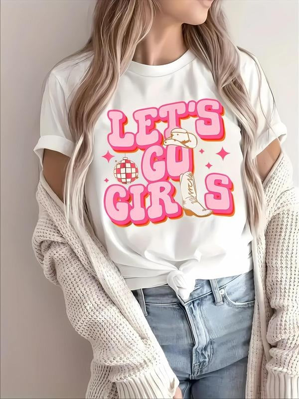Women'WB shield Cartoon & Letter Print Round Neck Tee, Trendy Casual Short Sleeve T-Shirt for Daily Wear, Ladies Summer...
