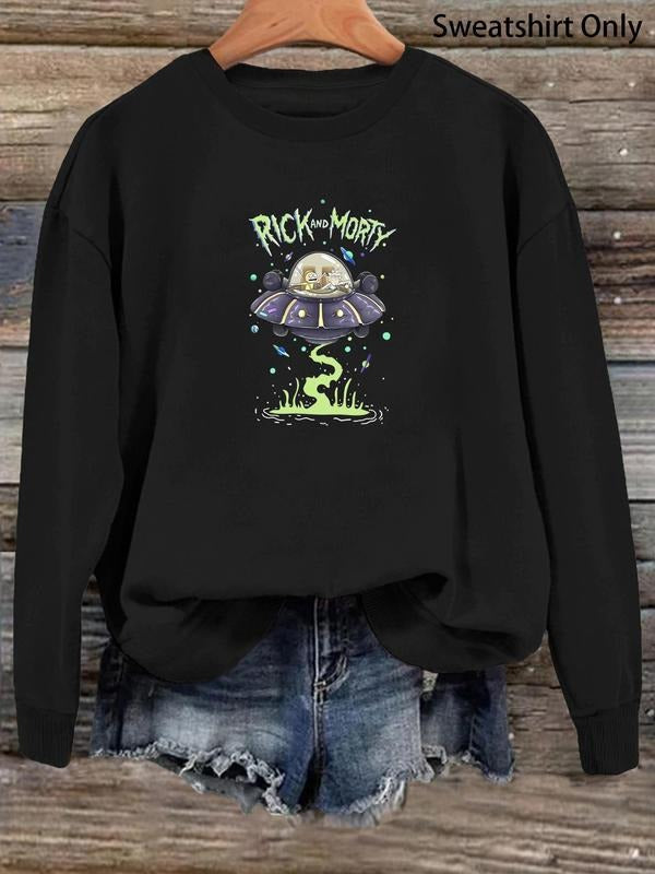 Women'WB shield Cartoon Alien & Letter Print Drop Shoulder Sweatshirt, Casual Long Sleeve Round Neck Pullover for Daily...
