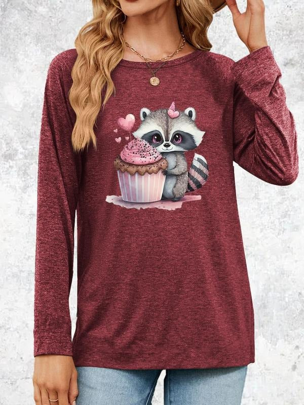 Women'WB shield Cartoon Animal & Dessert Print Round Neck Tee, Fashion Casual Cute Crew Neck Long Sleeve T-Shirt for...