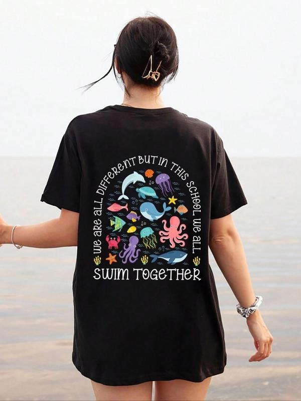 Women'WB shield Cartoon Animal & Letter Print Round Neck Tee, Casual Short Sleeve T-Shirt for Summer, Ladies TNF for...