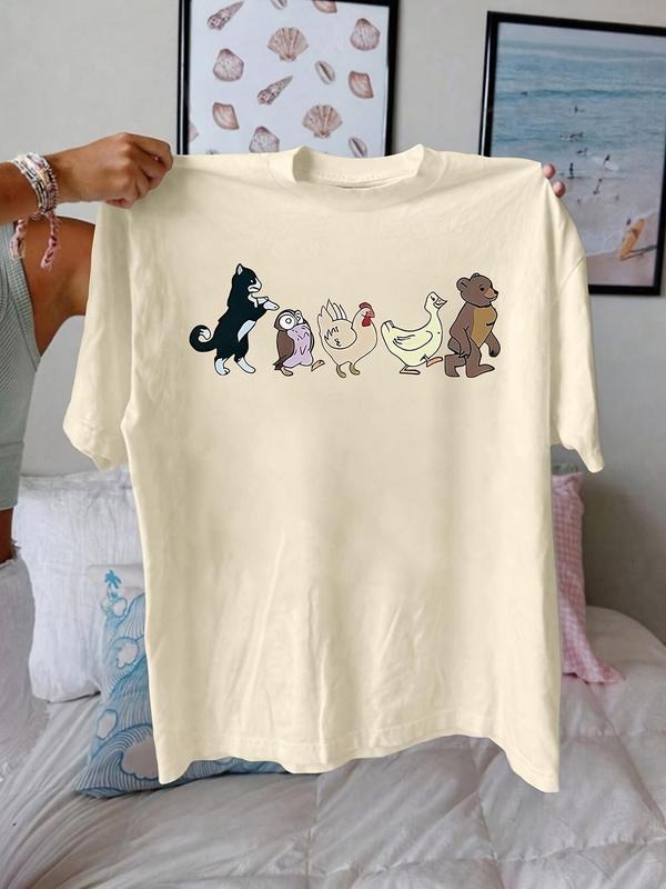 Women'WB shield Cartoon Animal Print Round Neck Tee, Fashion Casual Crew Neck T-Shirt for Daily Holiday Vacation Outdoor...