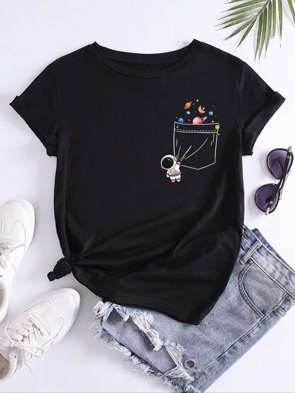 Women'WB shield Cartoon Astronaut & Planets Print Pocket Round Neck Tee, Casual Short Sleeve Crew Neck T-Shirt for...