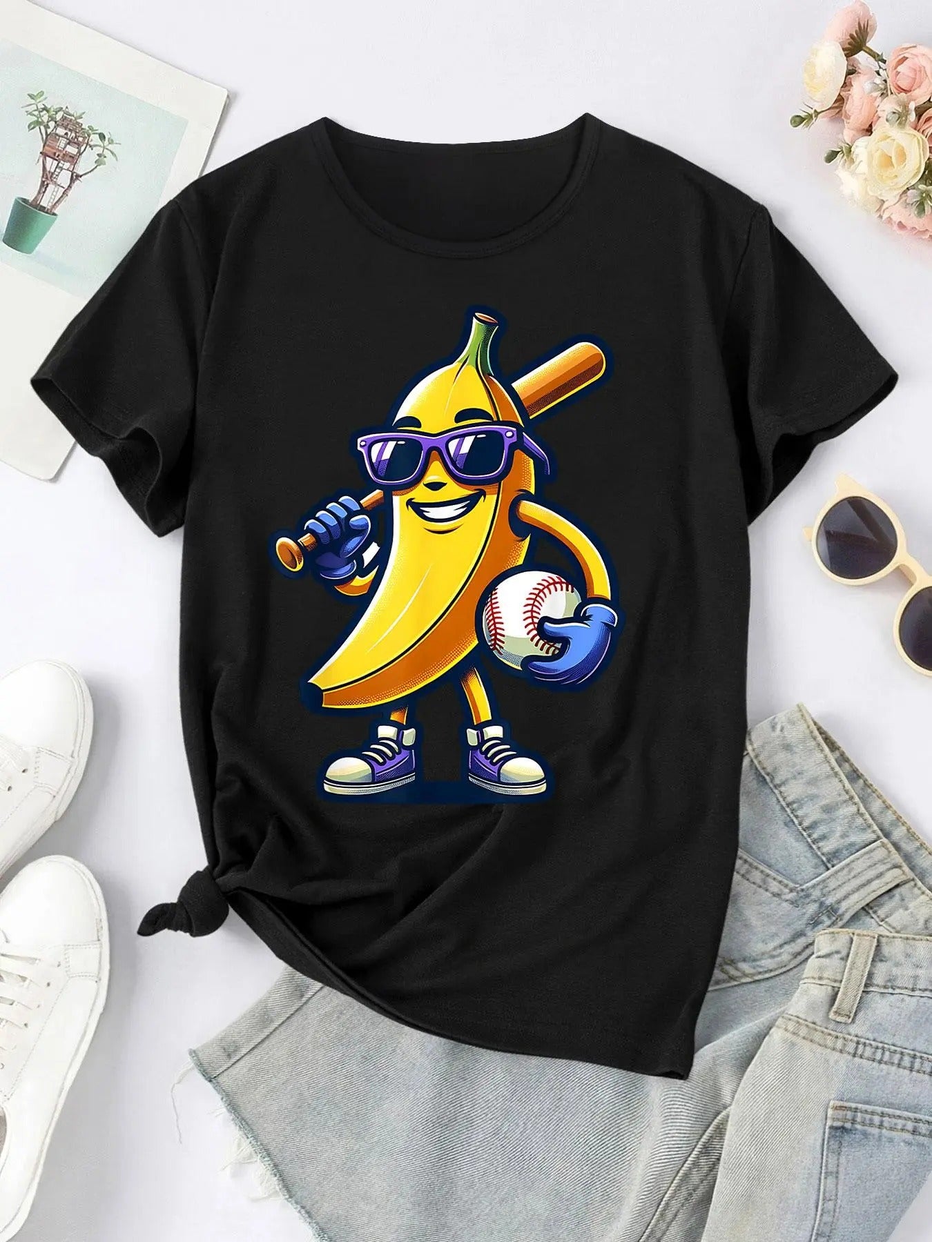 Women'WB shield Cartoon Banana Print Round Neck Tee, Fashion Casual Short Sleeve Crew Neck T-shirt for Daily Holiday...